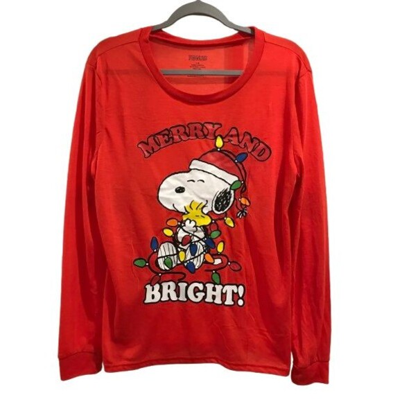 Women's Large T-Shirt Long Sleeve Crew Neck Snoopy Woodstock Christmas Peanuts - Picture 1 of 2